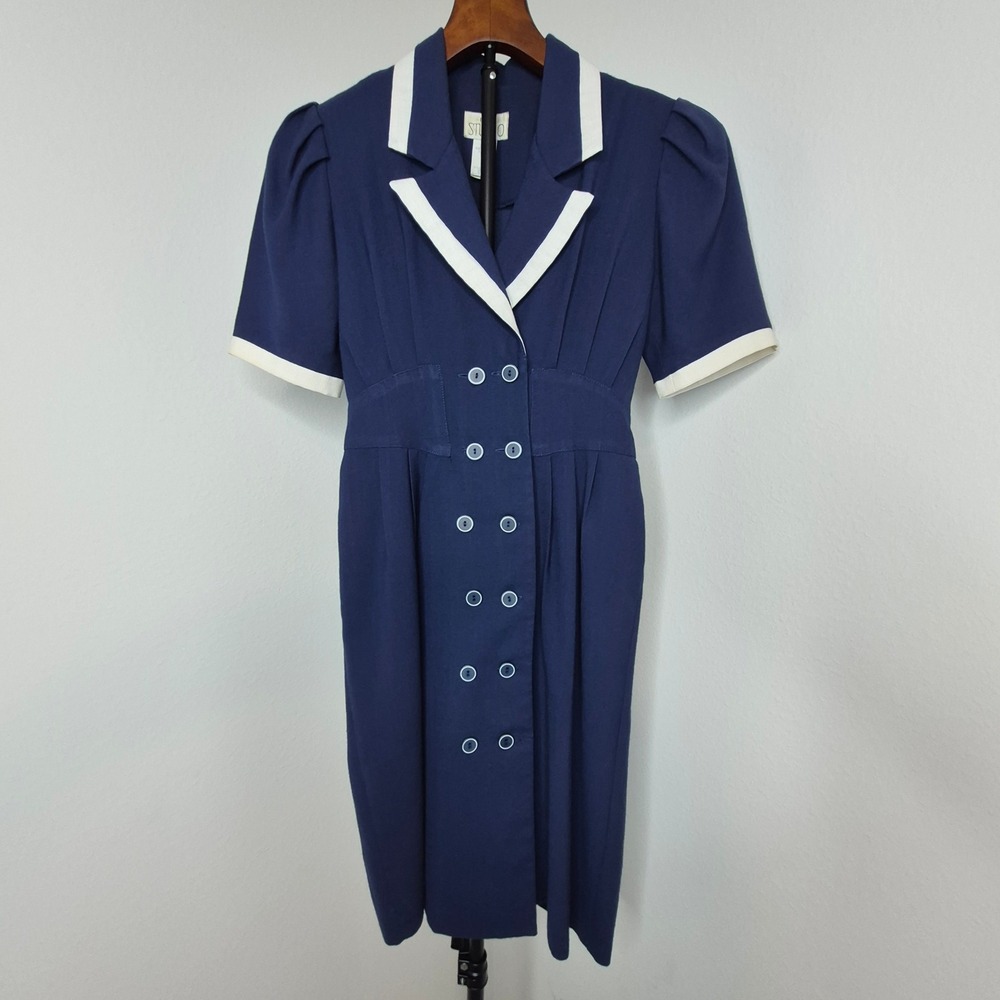 SGS Studio Vintage 80s Navy Blue White Double Breasted Sailor Sheath Dress 4P
